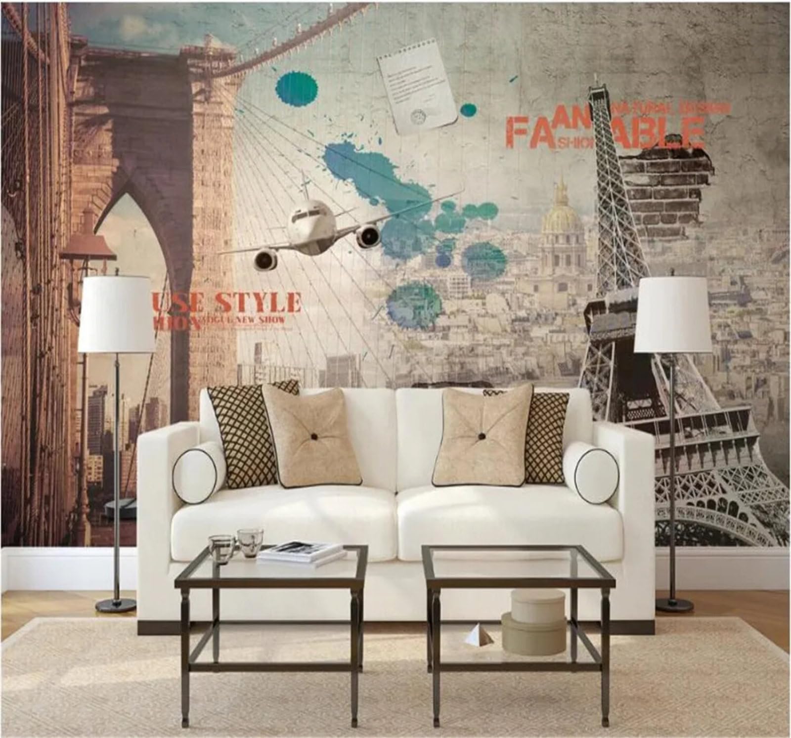 Tzxztt Retro Nostalgic Architecture Bridges Aeroplanes Modern 3D Wallpaper Premium Textured Silk Neutral Tones Material Ideal for Living Room Bedroom-300cm×210cm