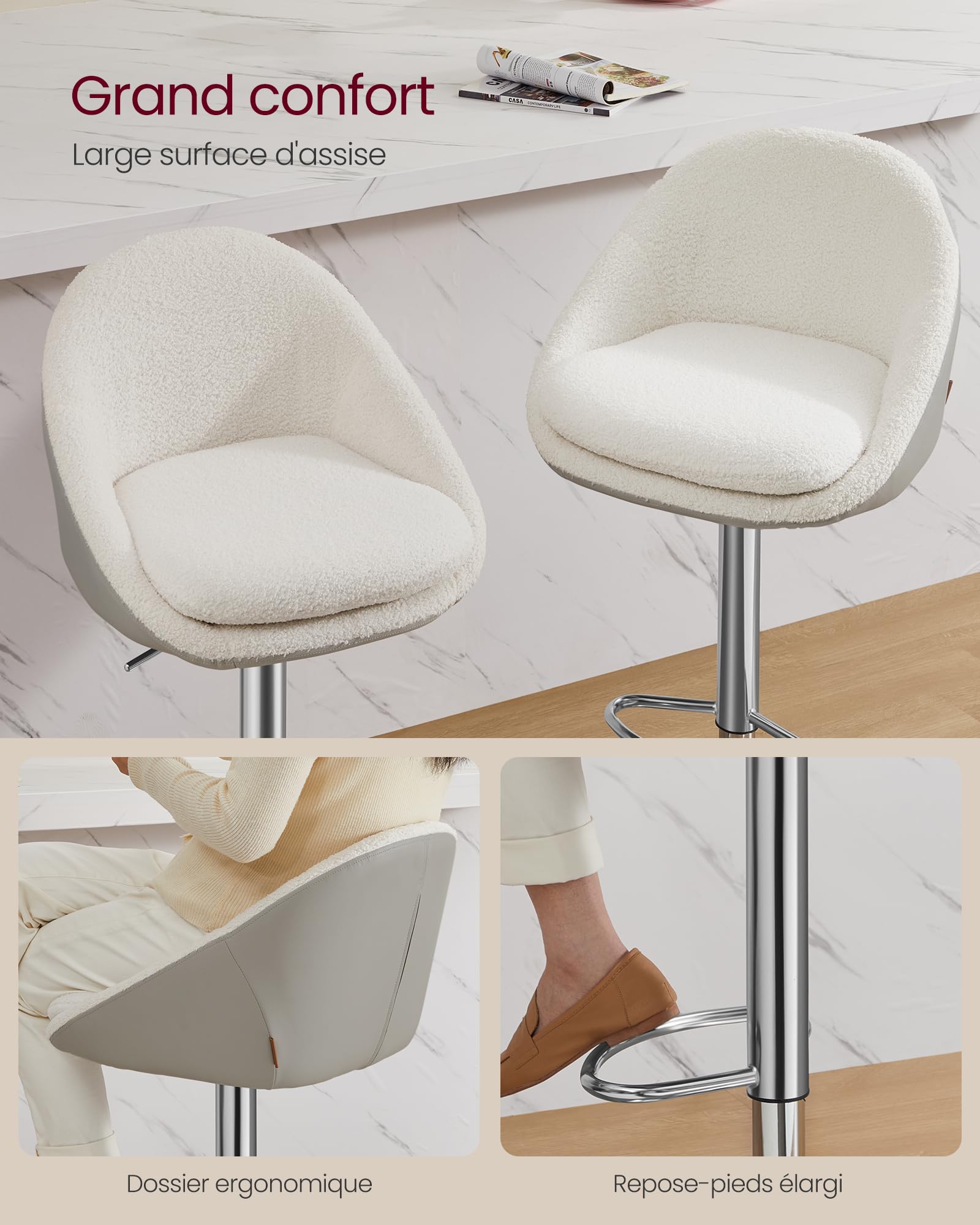 VASAGLE Tabouret de Bar, Lot de 2, Chaise de Cuisine, Réglable en Hauteur, Pivotant à 360°, avec Dossier, Socle, Repose-Pieds, Acier, pour Comptoir, Bar, Salle à Manger, Blanc Crème LJB110W01