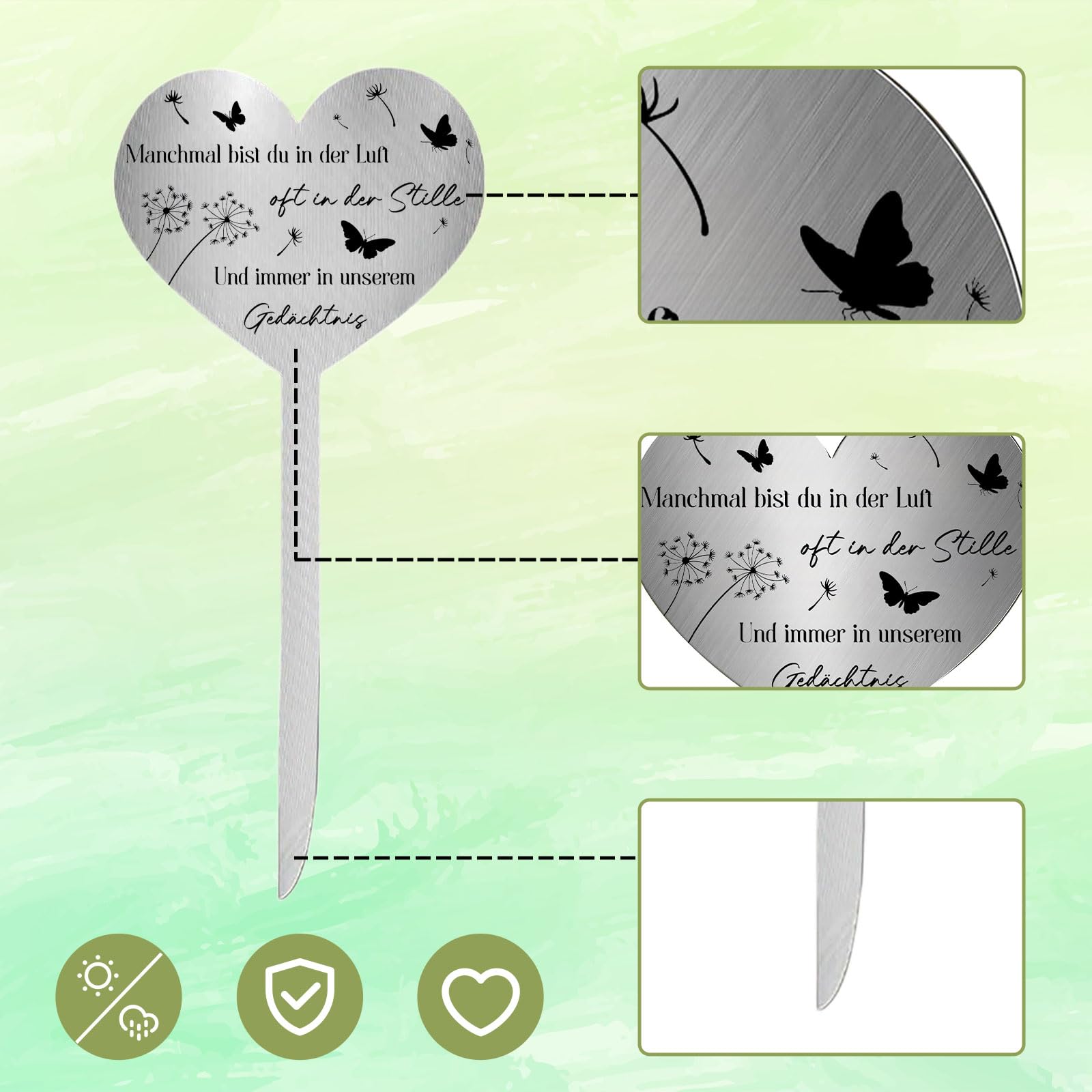 Grabstecker Wetterfest Herz mit Schmetterling und Pusteblume Zeitlose Grabschmuck aus Langlebigem Metall