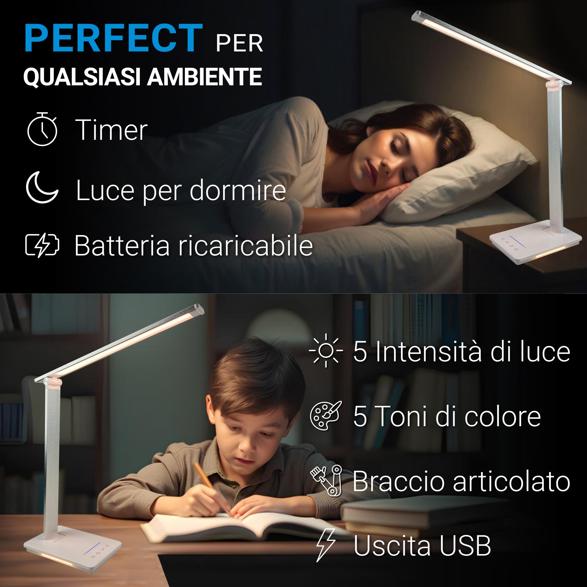 Lampada da Scrivania a LED Ricaricabile - Lampada da Comodino e da Tavolo Senza Fili (6W, 550 lumen, USB, 5 Livelli di Luminosità e 5 di Colore, Timer 30 min, Modalità Lettura)