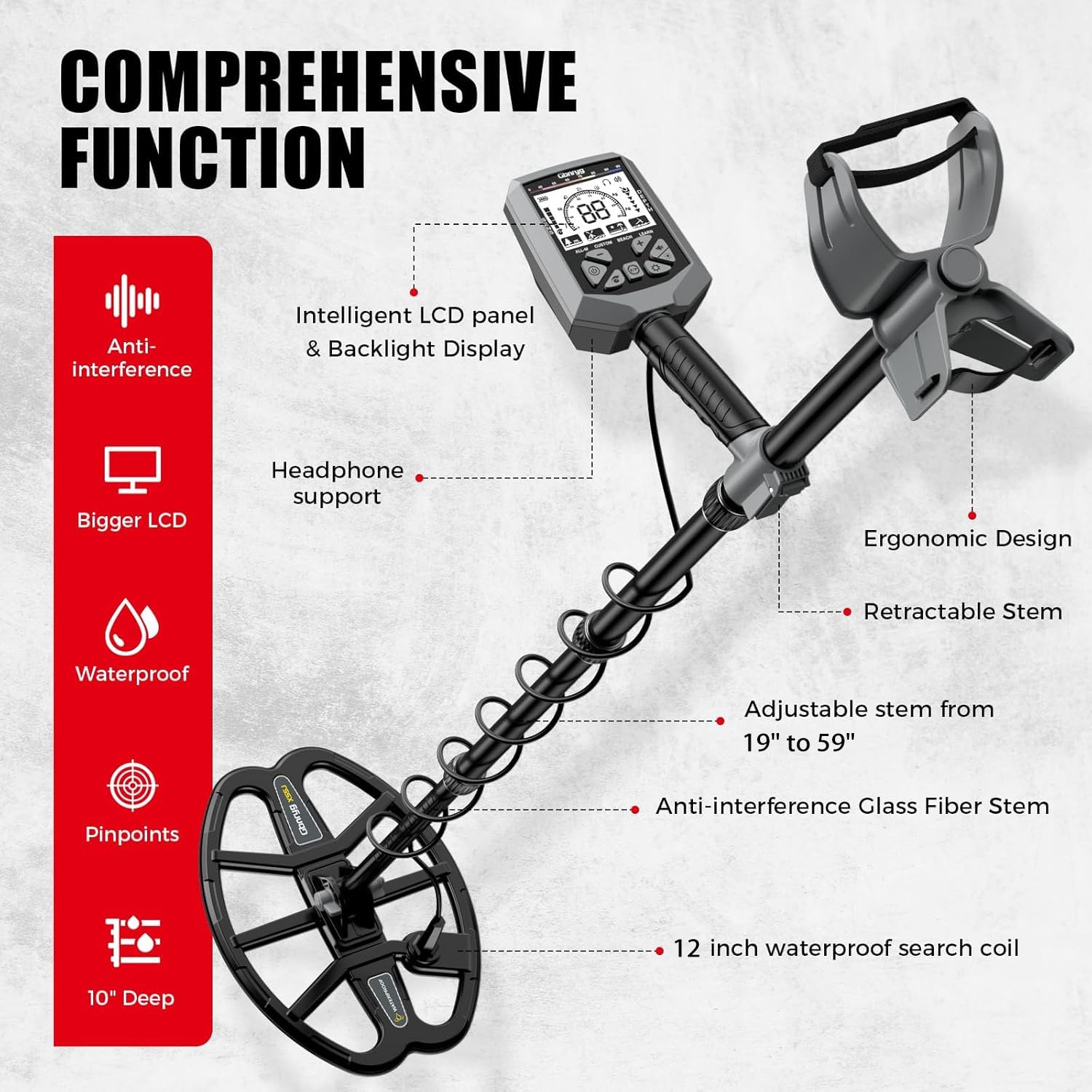 Gbnryg Metal Detector for Adults,12? IP68 Waterproof Search Coil with High Accuracy System,Advanced DSP Chip Technology,5 Modes with LCD Backlit Display for Beach Hunting&Jewelry Finding