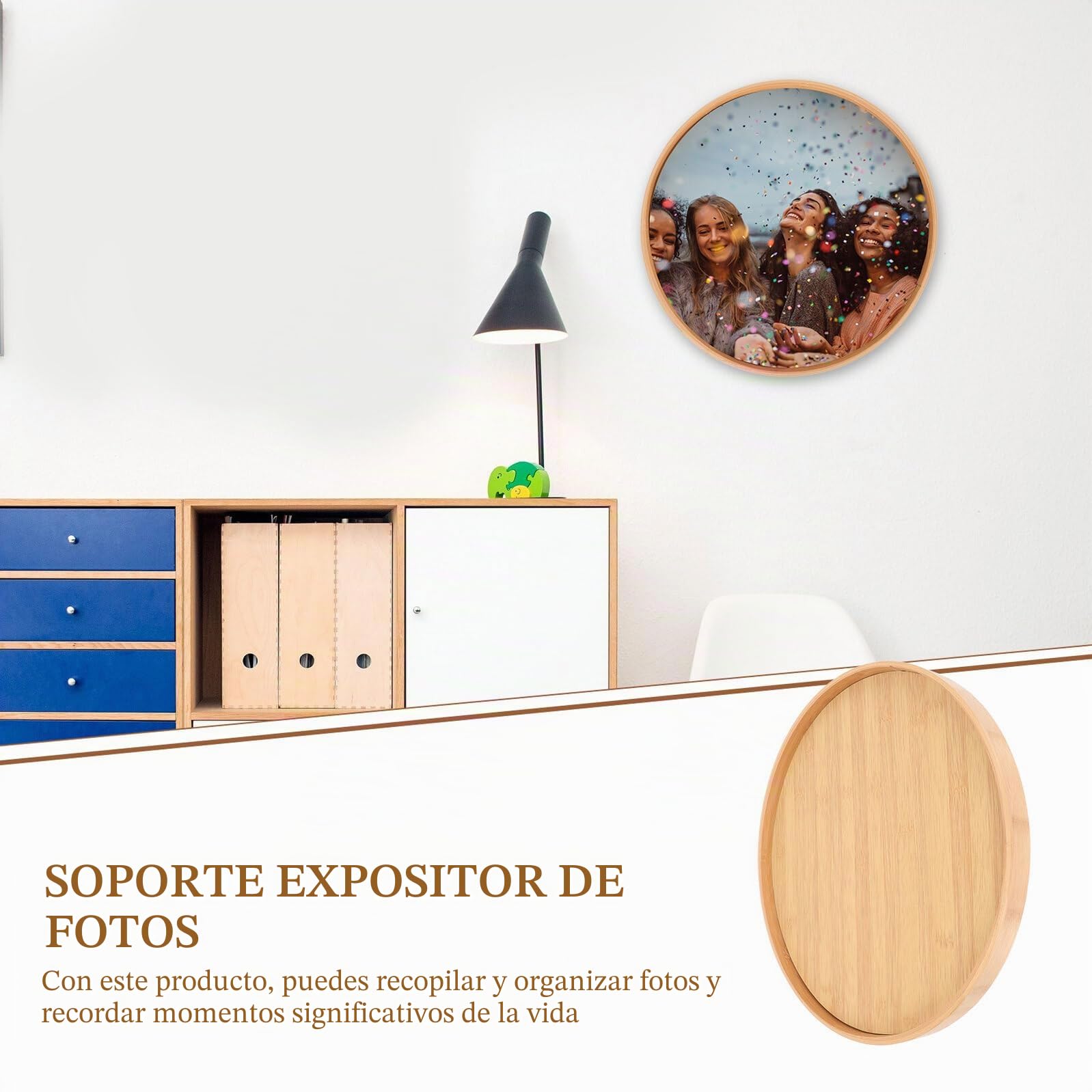 LIFKOME Marco de Fotos Redondo de Bambú Natural 35 CM Respaldo Marco de Exhibición de Madera Resistente para Decoración de Pared y Escritorio Portafotos Creativo para Hogar
