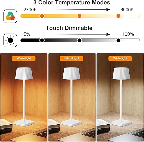 Miniatura 2 de Lámparas de mesa LED inalámbricas, batería recargable de 6000 mAh, lámpara de escritorio impermeable, 3 colores, brillo continuo, luz de mesa