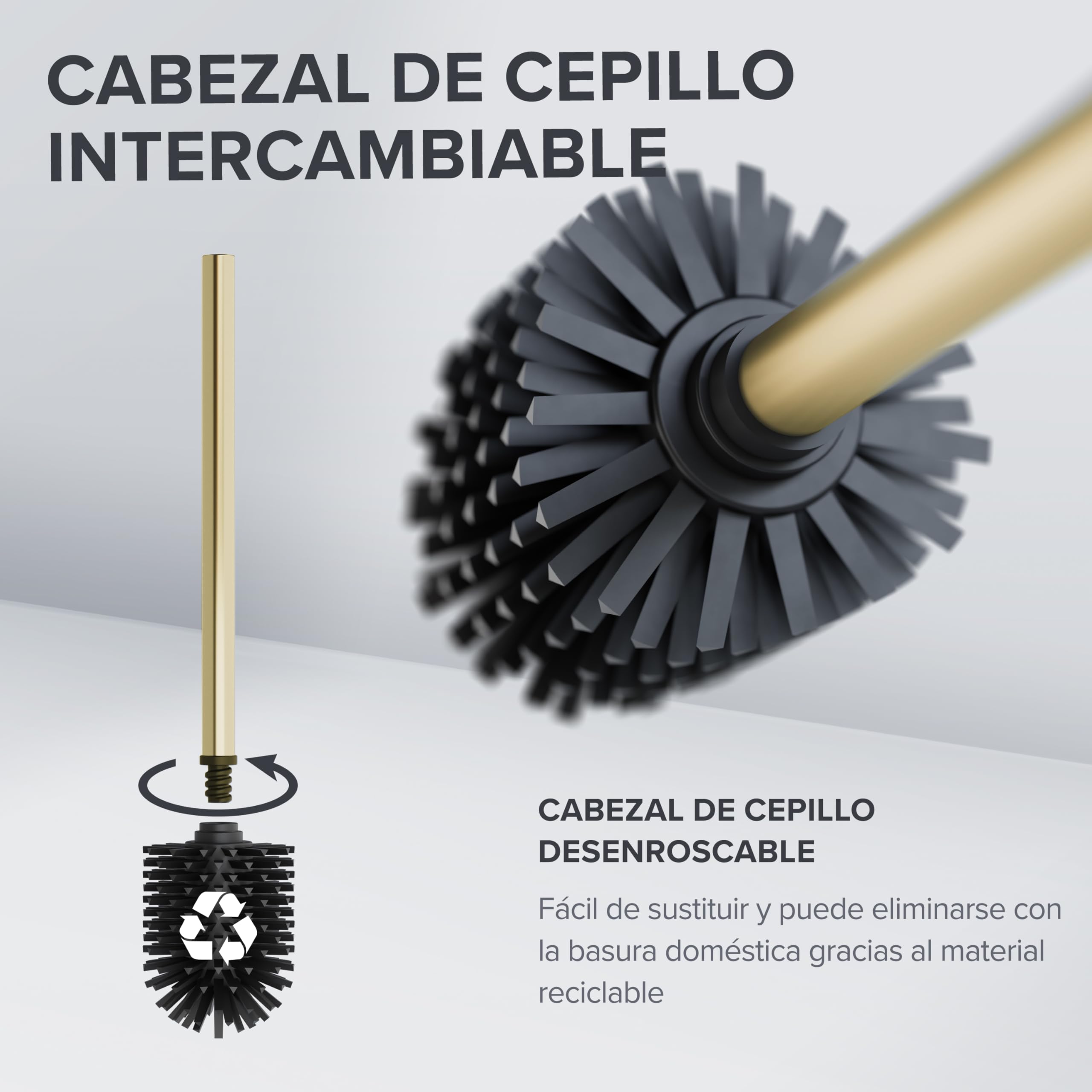 ovimar Escoba de WC Erviksanden | oro | soporte de pared sin perforaciones | escobilla de WC de silicona | escobilla de WC con función de ventilación | para pegar | en acero inoxidable | cabezal para