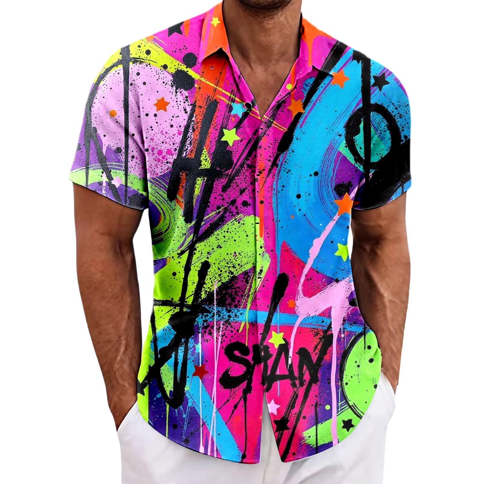 RUMAOZIA Men's Hawaiian Shirt 80s 90s Style Short Sleeve Carnival Fancy Dress Outfit 80s Shirts 90s Button Up Shirt Retro Hawaiian Beach Shirt Neon Disco Funny Party Shirts Colourful Vintage Shirts, Q โ image 1
