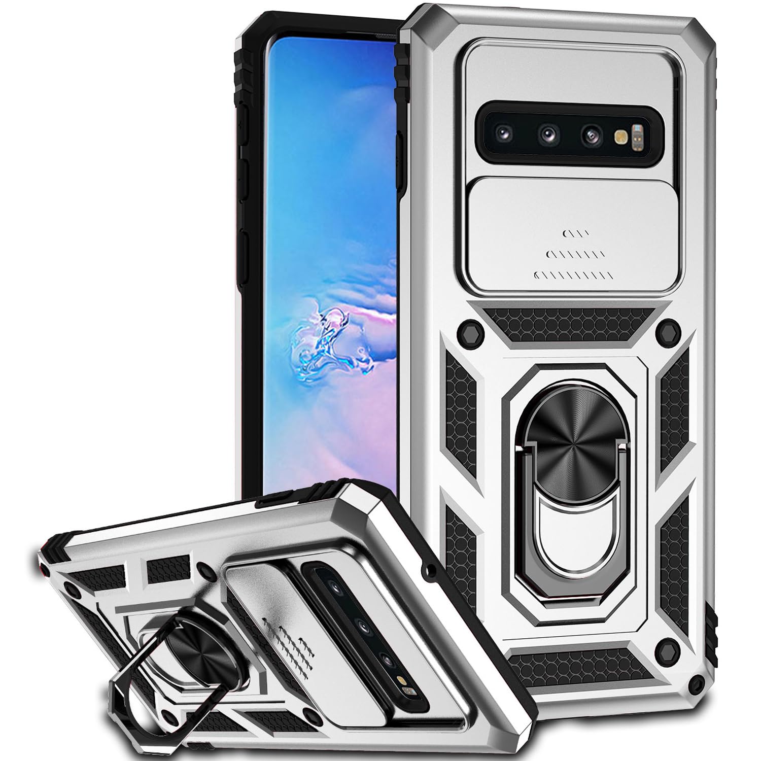 Military Grade for Galaxy S10 Plus Case with Kickstand Slide Camera Cover Protection Shockproof for Samsung Galaxy S10+ Plus Phone Case (Silver)