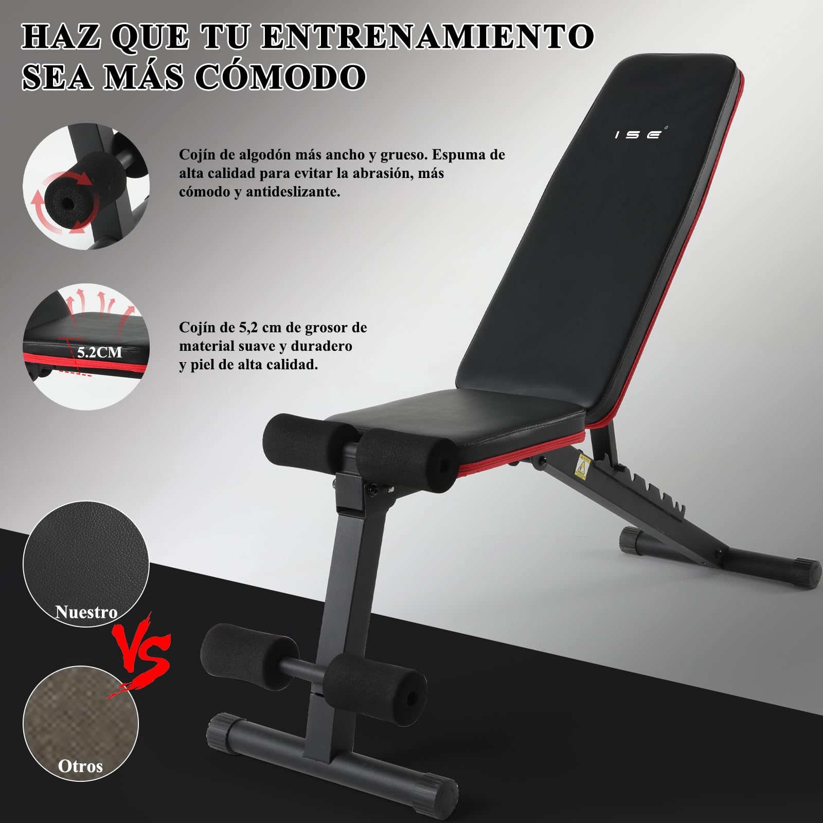 ISE Banco Musculación Plegable, Banco De Pesas Musculacion, Banco Pesas Inclinable,Reclinable y Plano, Banco Abdominales en casa, Banco Gimnasio Max.100KG