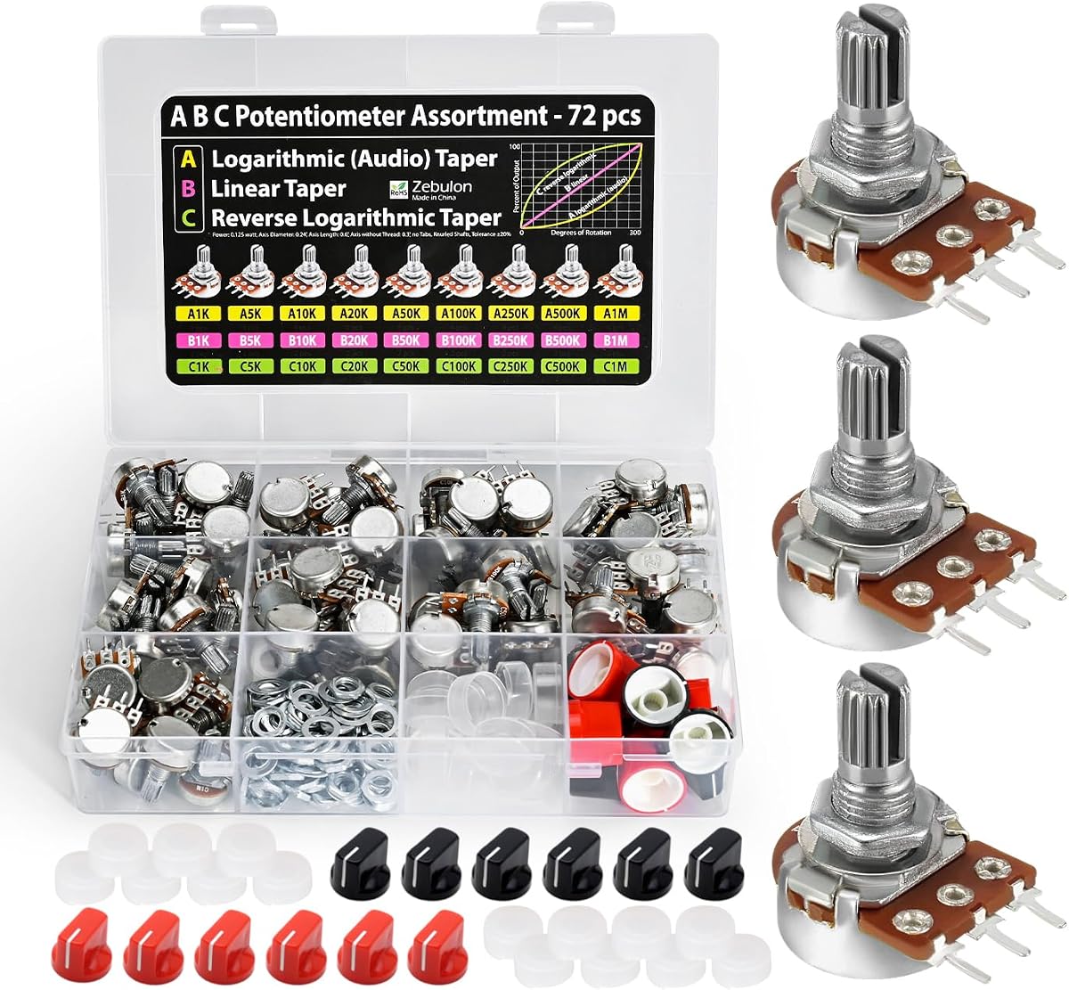 72 pcs A B C Potentiometer Assortment, 1K 5K 10K 20K 50K 100K 250K 500K 1M Ohm, Logarithmic, Linear and Reverse Taper, for Arduino, Circuit Repair and DIY Electronics