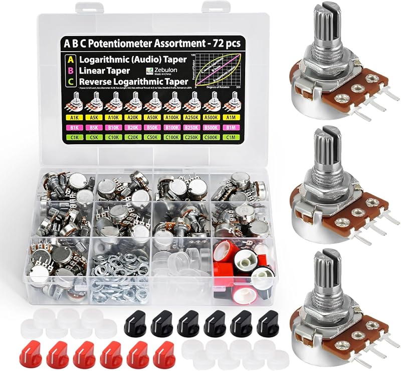 Surtido de potenciómetros A B C de 72 piezas, 1K 5K 10K 20K 50K 100K 250K 500K 1M Ohm, logarítmico, lineal y cónico inverso, para Arduino, reparación de circuitos y electrónica de bricolaje