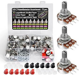 72 pcs A B C Potentiometer Assortment, 1K 5K 10K 20K 50K 100K 250K 500K 1M Ohm, Logarithmic, Linear and Reverse Taper, for Arduino, Circuit Repair and DIY Electronics