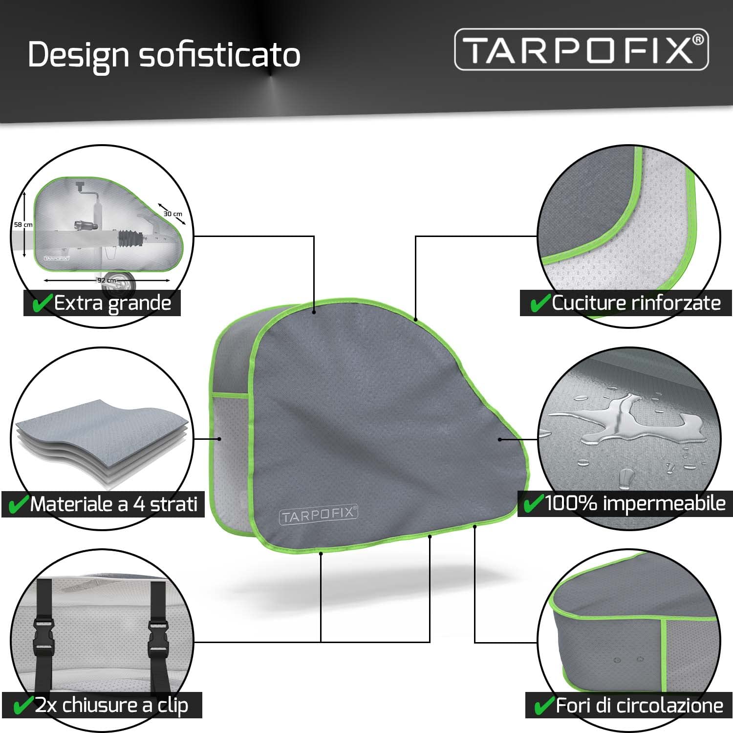 Tarpofix® Copritimone caravan con strisce riflettenti - Copri gancio roulotte universale per roulotte con doppia chiusura a scatto - Copri gancio traino per rimorchi con gancio