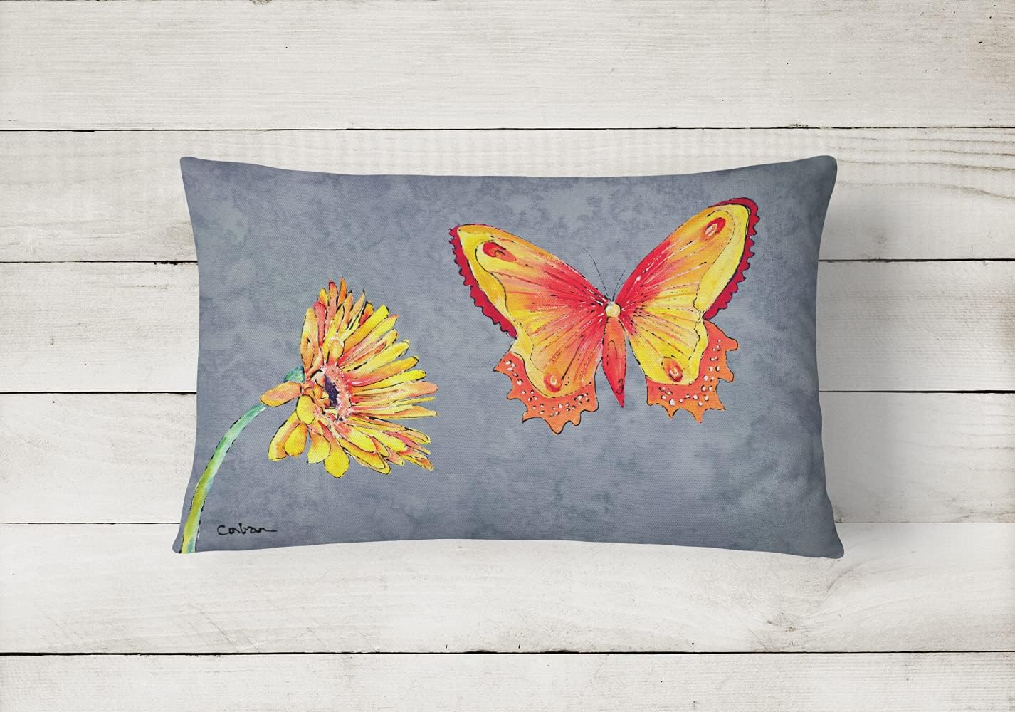 Caroline's Treasures 8877PW1216 Gerber Daisy and Buttefly Canvas Fabric Decorative Pillow Machine Washable, Indoor Outdoor Decorative Pillow for Couch, Bed or Patio, 12HX16W