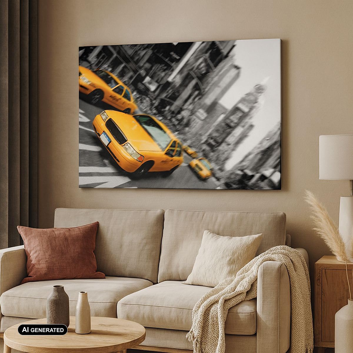 Cuadro sobre Lienzo 70x50cm Horizontal Arquitectura Blanco y Negro - 2178 | América Taxi Ciudad Cuadro Decorativo Arte mural Decoración del Hogar Salón Dormitorio Cocina Oficina Cuadros de Pared Estilo