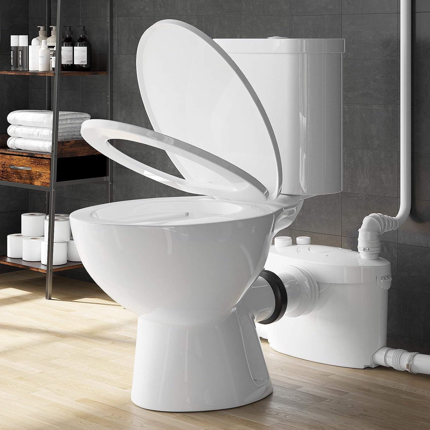 Simple Project 600 Watt Macerating Toilet With Pump, Upflush Toilet For Basement Toilet System, With 4 Water Inltes For Bathroom, Shower, Laundry (Two Piece Toilet)