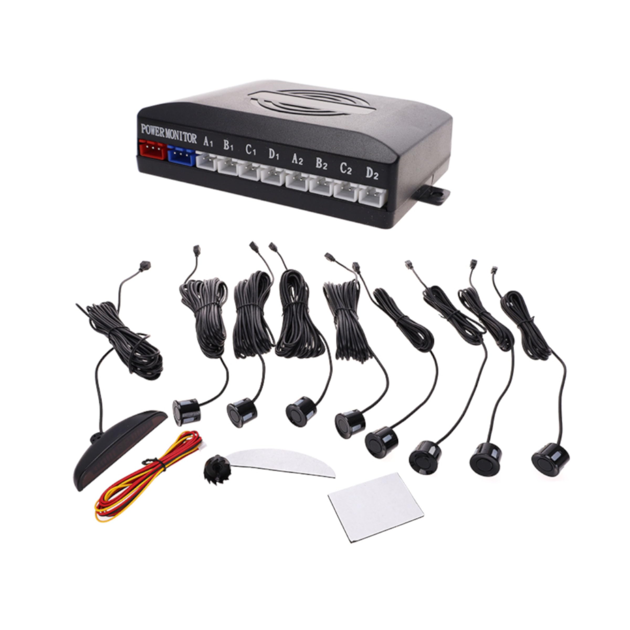 Kit 8 Sensori di Parcheggio Auto, Display LED e Cicalino Acustico, Per Anteriore e Posteriore, Sensori da 21mm