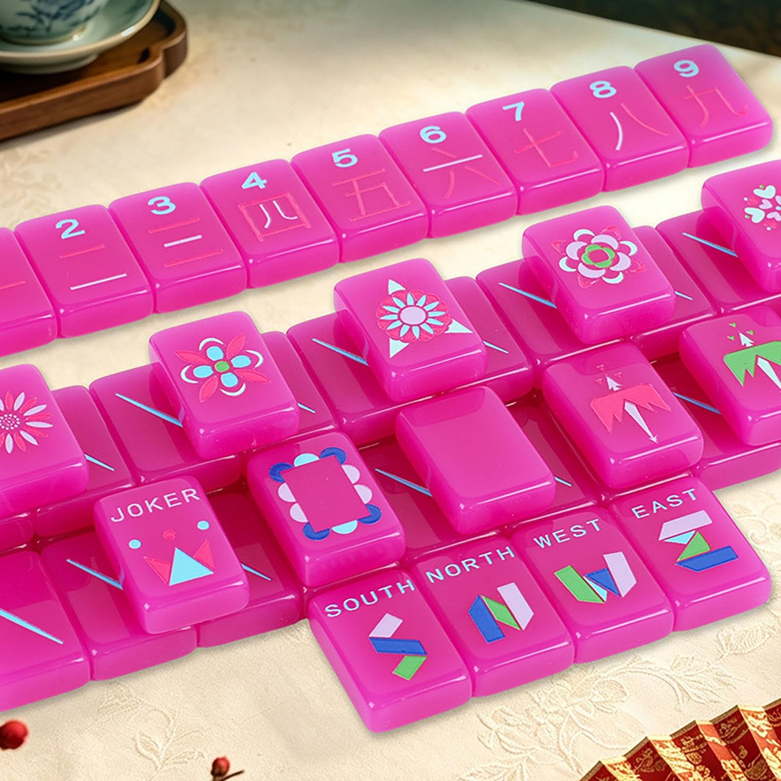 Set Mahjong americano in acrilico rosa gelatina, 160 tessere incise