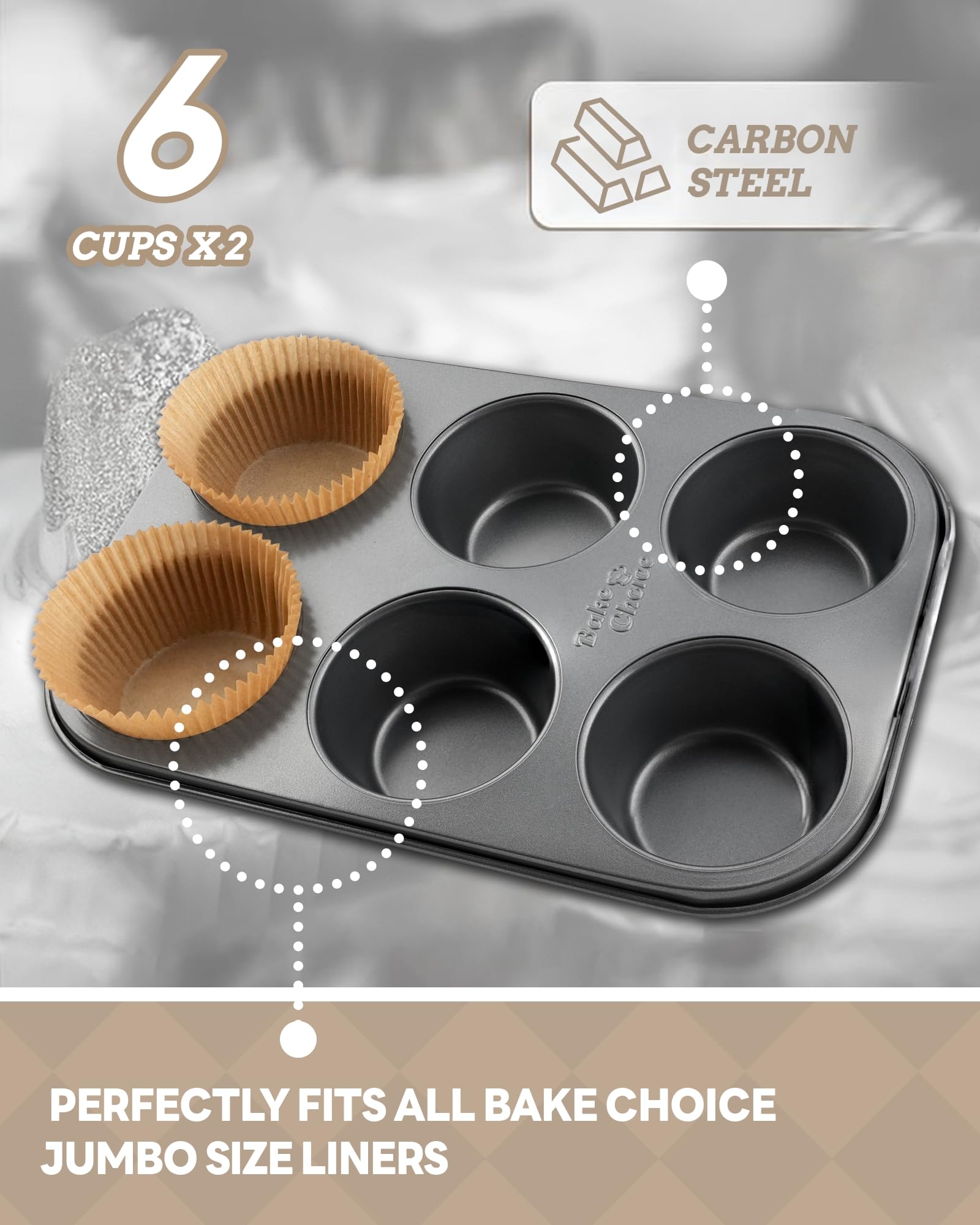 Paquete de 2 moldes para magdalenas jumbo para hornear, molde extra grande para cupcakes incluye 50 forros naturales para cupcakes, molde antiadherente para 6 tazas, juego de moldes para hornear 3