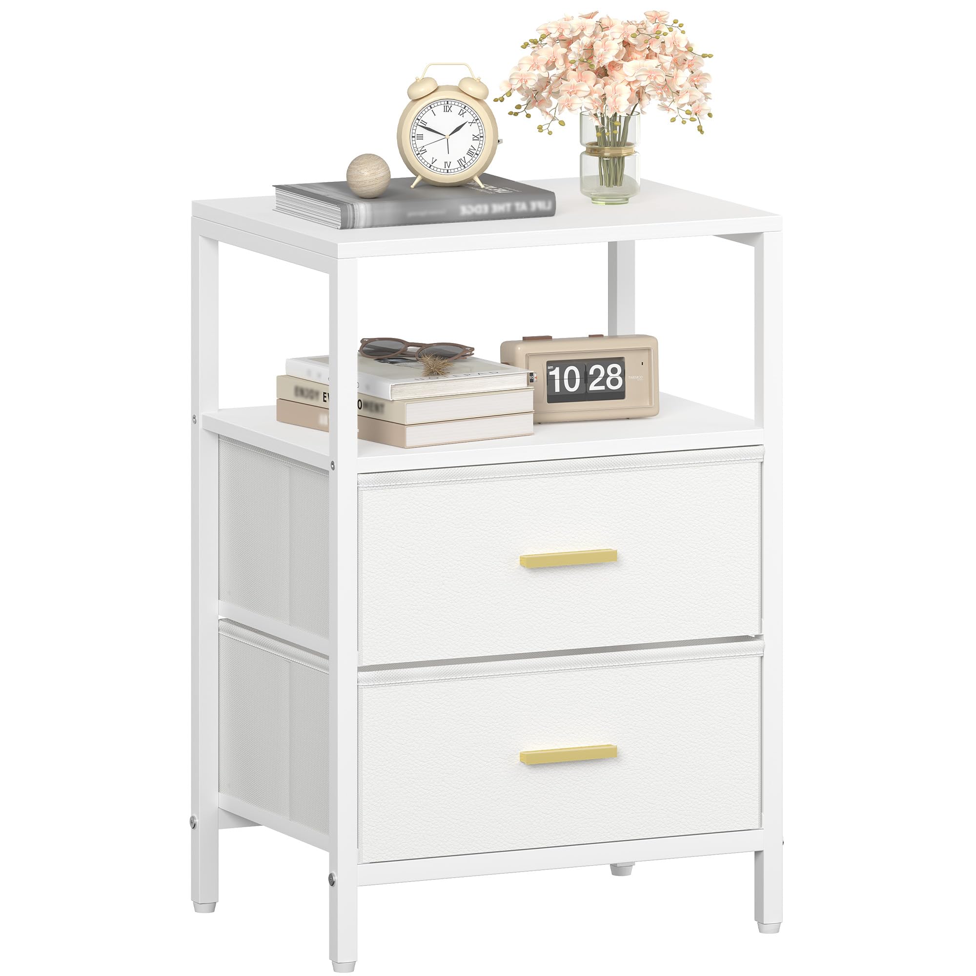 Hzuaneri Bedside Table, Side End Table with 2 Fabric Storage Drawers, Bedside Cabinet with Open Storage Shelf, Nightstand for Bedroom, Livingroom, Office, White NS20713W