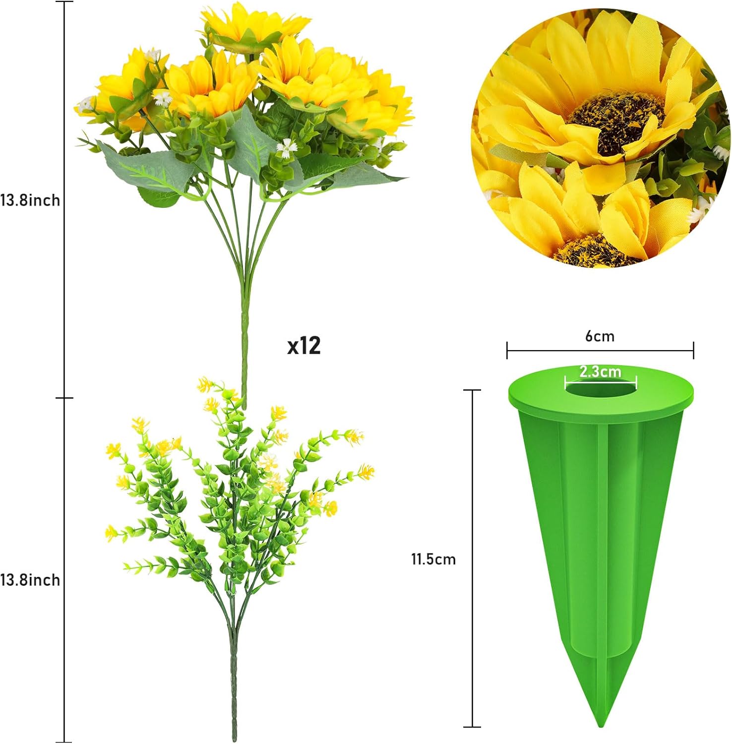 Sunflower Artificial Flowers for Outdoors, Indoor Fake Floral with Ground Spike for Door Yard Porch Patio Garden Window Box Office Table Kitchen Home Planter Pot Vase Flowerpot Yellow White (B)