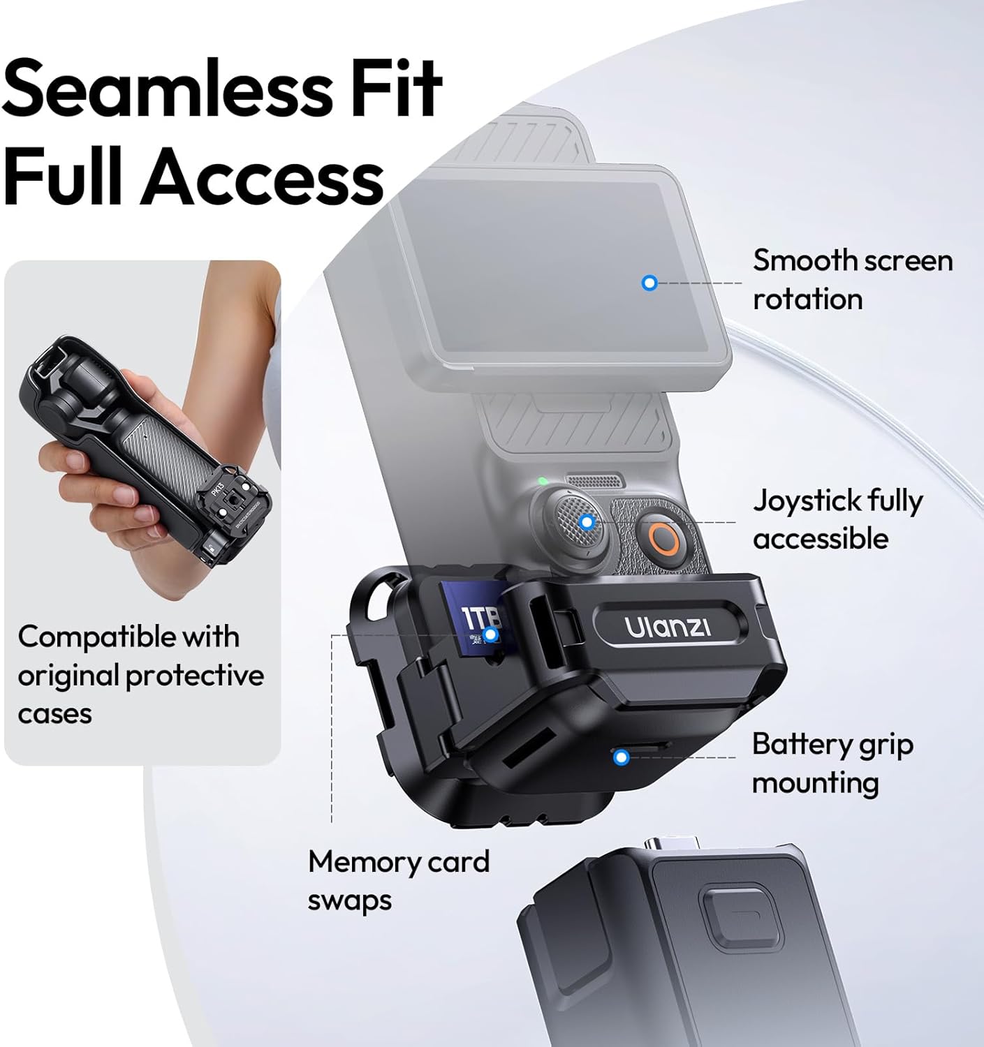 ULANZI PK13 Multifunctional Expansion Adapter for DJI Osmo Pocket 3/Xtra Muse with Uka Quick Release, Aluminum Cage for Accessories Mount with 1/4” Thread/Gopro Adapter/Osmo Action Quick-Release