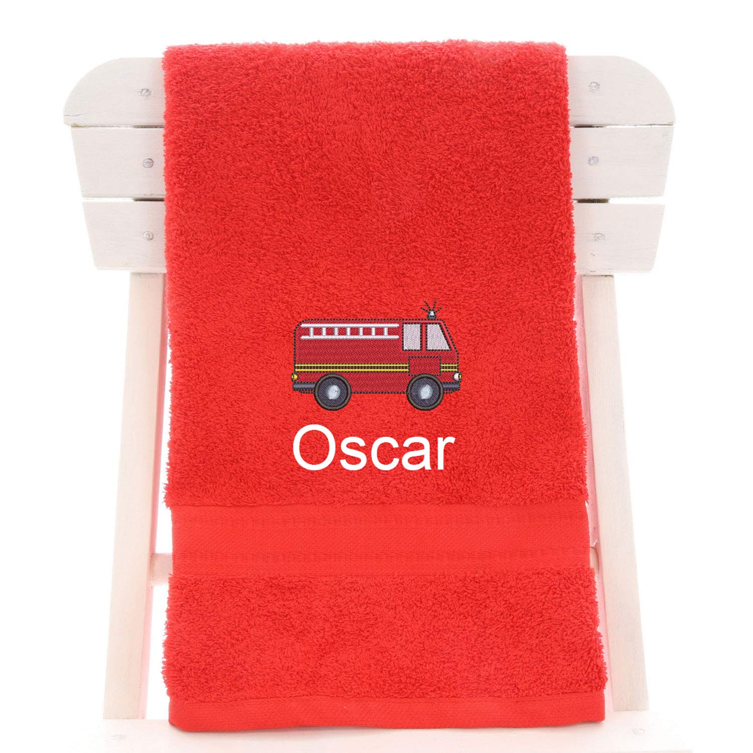 Aztex Red Personalised Children's 100% Cotton Bath Towel With Fire Engine Logo & Name, 550Gsm, 70Cm X 130Cm