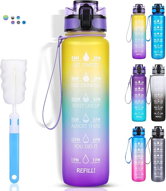 LEHOM Sports Water Bottle, 1 Litre Motivational Water Bottle with Time Markings, Reusable BPA Free Leakproof Drinks Bottle with Filter & Cleaning Brush One Click Open for Kids, Adults, Gym, Cycling