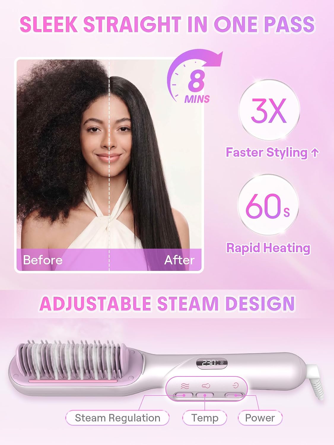 SHEGLAM Steam Straightener Brush, 3-in-1 Steam Hot Comb for Damaged Hair | Scald-Proof Nano-Steam, 3 Adjustable Steam Settings, Fast Heating, Adds Shine, Less Heat Damage, Anti-Frizz, Dual Voltage