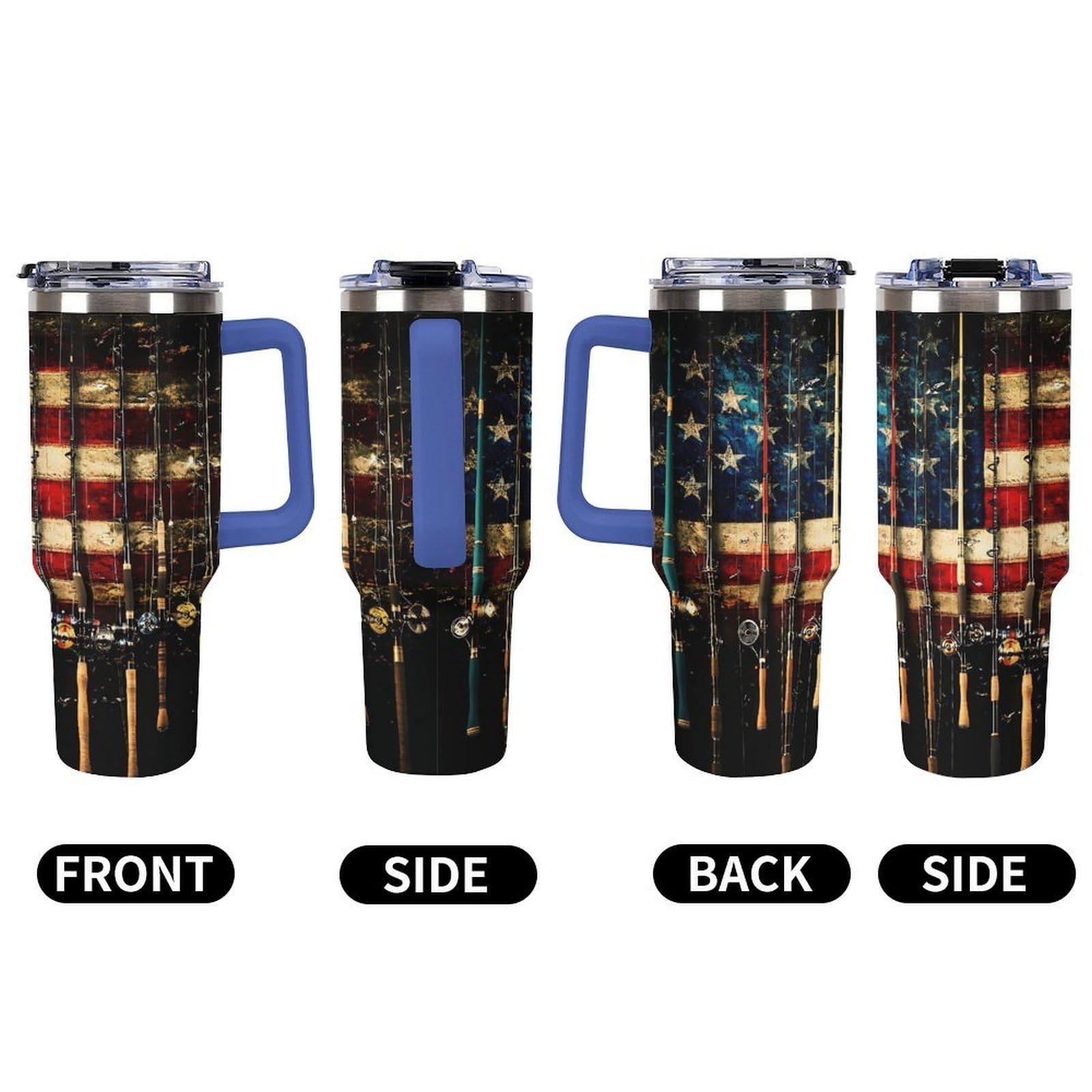 Becher mit Griff und Angelrute mit USA-Flagge, 1,2 l, Reise-Kaffeebecher, großes Fassungsvermögen, Autobecher, Wasserflasche