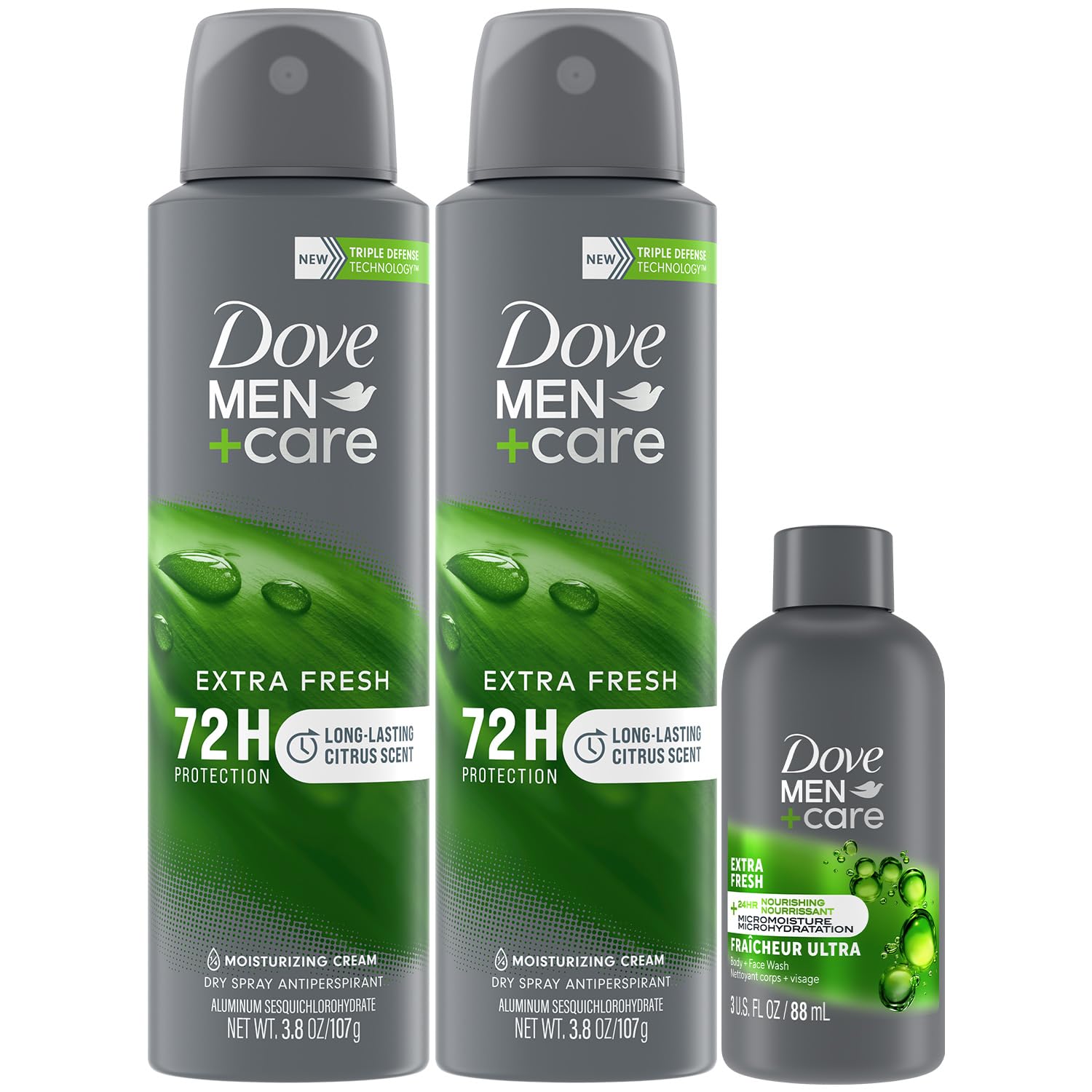 Men+Care Dry Spray Antiperspirant for Men 2-Pack (3.8 Oz Ea) + Travel Body Wash (3 Oz) – 72H Protection, Long-Lasting Extra Fresh Fragrance