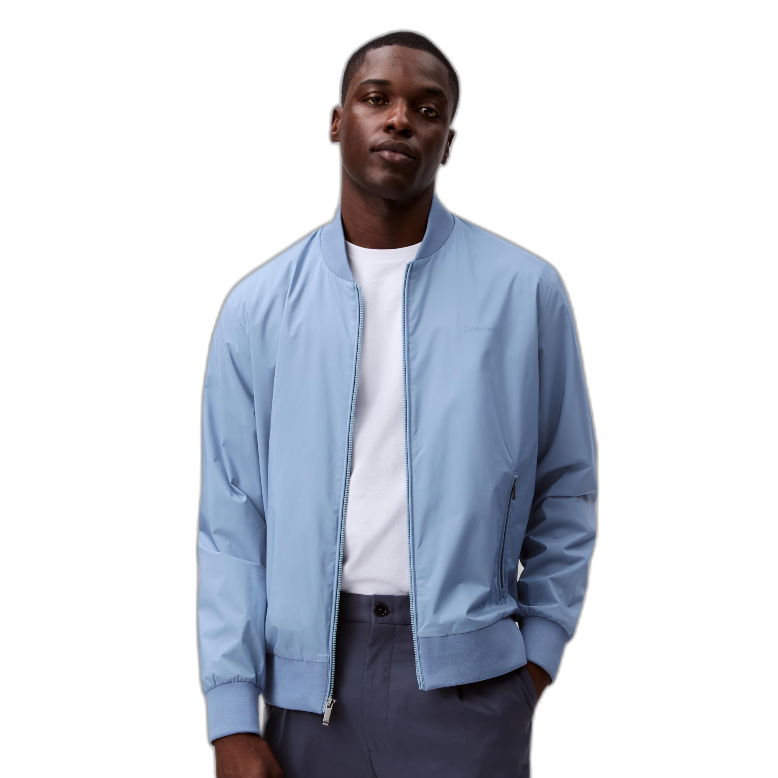 Calvin Klein Men's Matte Logo Zip Bomber Jacket Faded Denim One