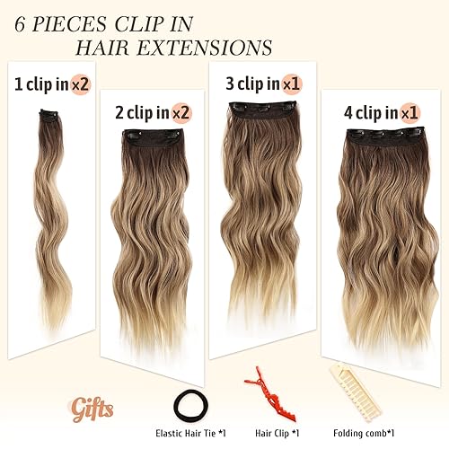 Miniatura 3 de NAYOO Extensiones de cabello con clip para mujer, 20 pulgadas de largo, ondulado, rizado, color marrón degradado a rubio, extensiones de cabello