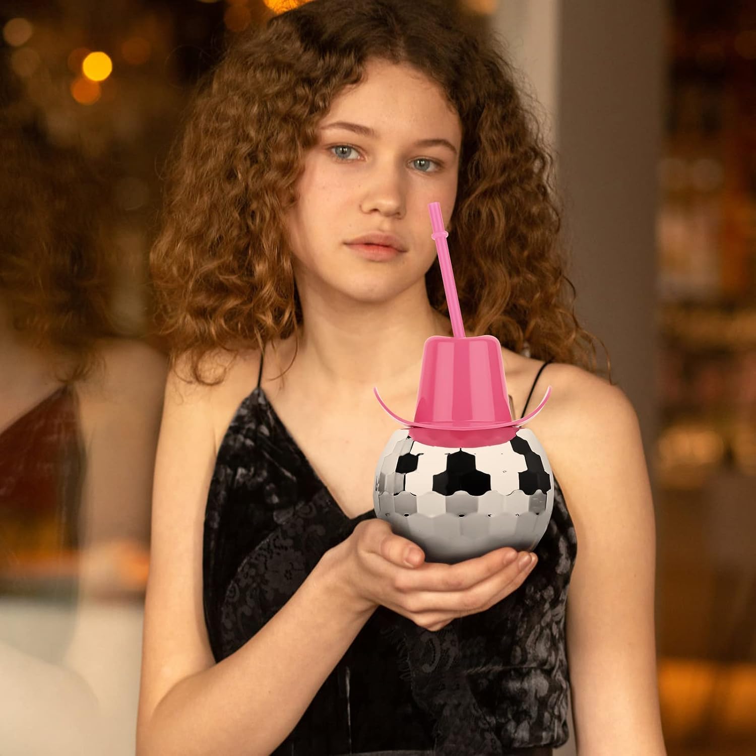 9 PCS Disco Ball Cups Pink Cowgirl Hat Mirror Party Cup with Straws Silver 70s Cocktail Cup Sparkling Tumbler Wine Glass for 1970s Bar Dance Cowboy Bachelorette Party Decorations Supplies - Image 5