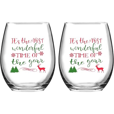 It's the Most Wonderful Time of the Year Christmas Reindeer Wine Glass, 15 Oz Funny Stemless Wine Glasses for Women Friends Men, Gift Idea for Christmas Wedding Party, Set of 2