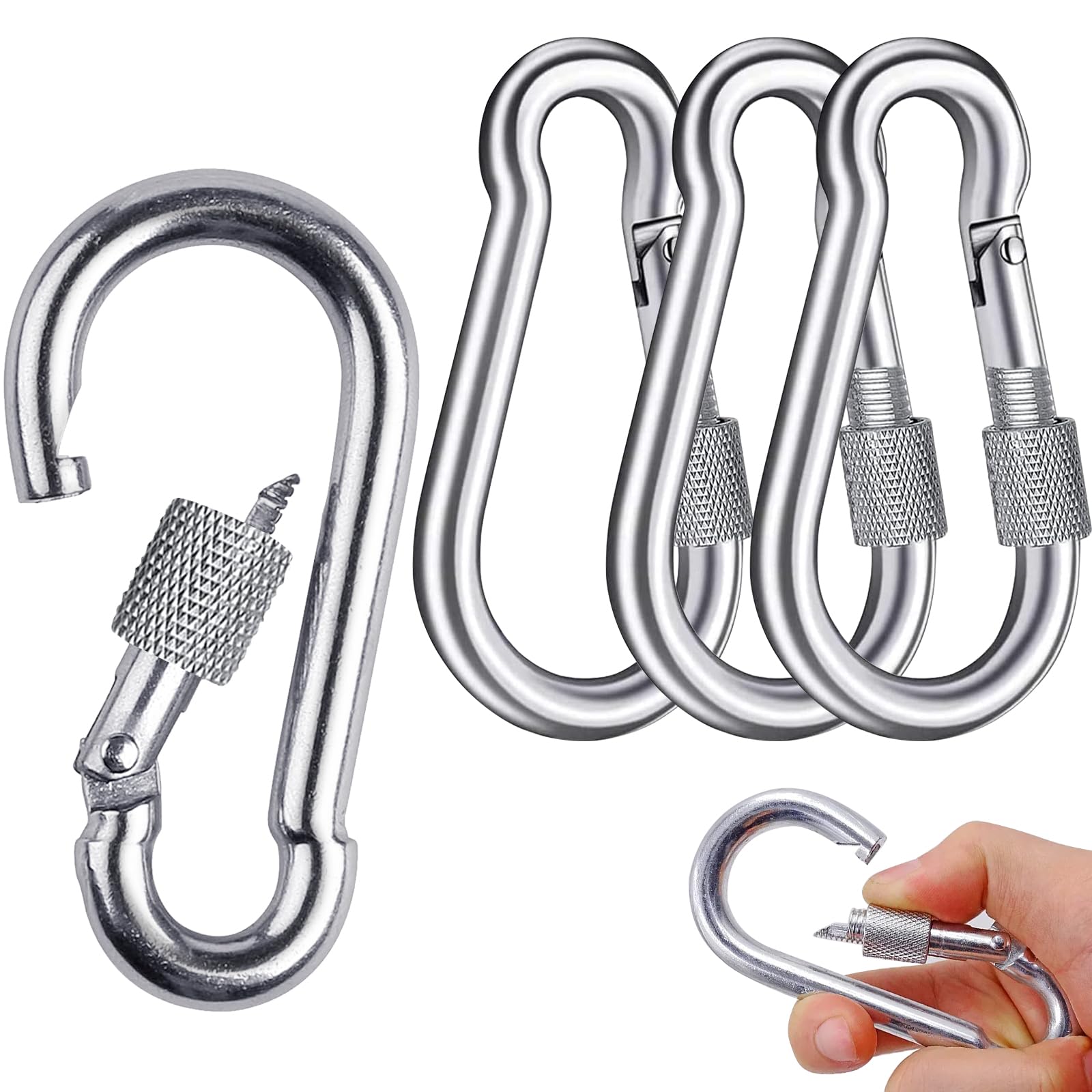 4 PCS M8 Carabiner Clip Heavy Duty, Carabiner Clip Large, Carabine r Hook with 200kg Holds, Stainless Steel Carabine r, Heavy Duty Cli ps Outdoor, Hooks for Backpacks, Hanging, Camping, Fishing