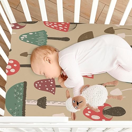 Miniatura 8 de Kigai Sábana bajera ajustable para cuna para niños y niñas, diseño vintage de hongo, suave, transpirable, unisex, para colchones estándar de cuna y