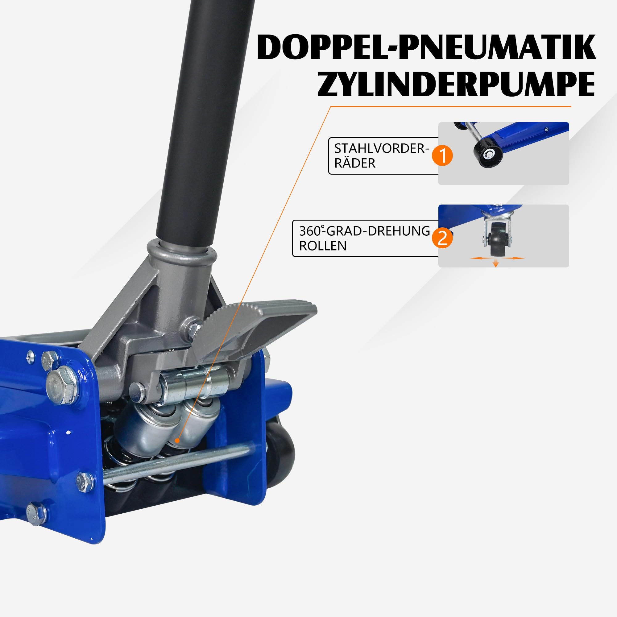Cric idraulico a carrello 3T, con doppia pompa, altezza di sollevamento 75-505 mm, ruote a 360°, blu/argento, per auto e SUV