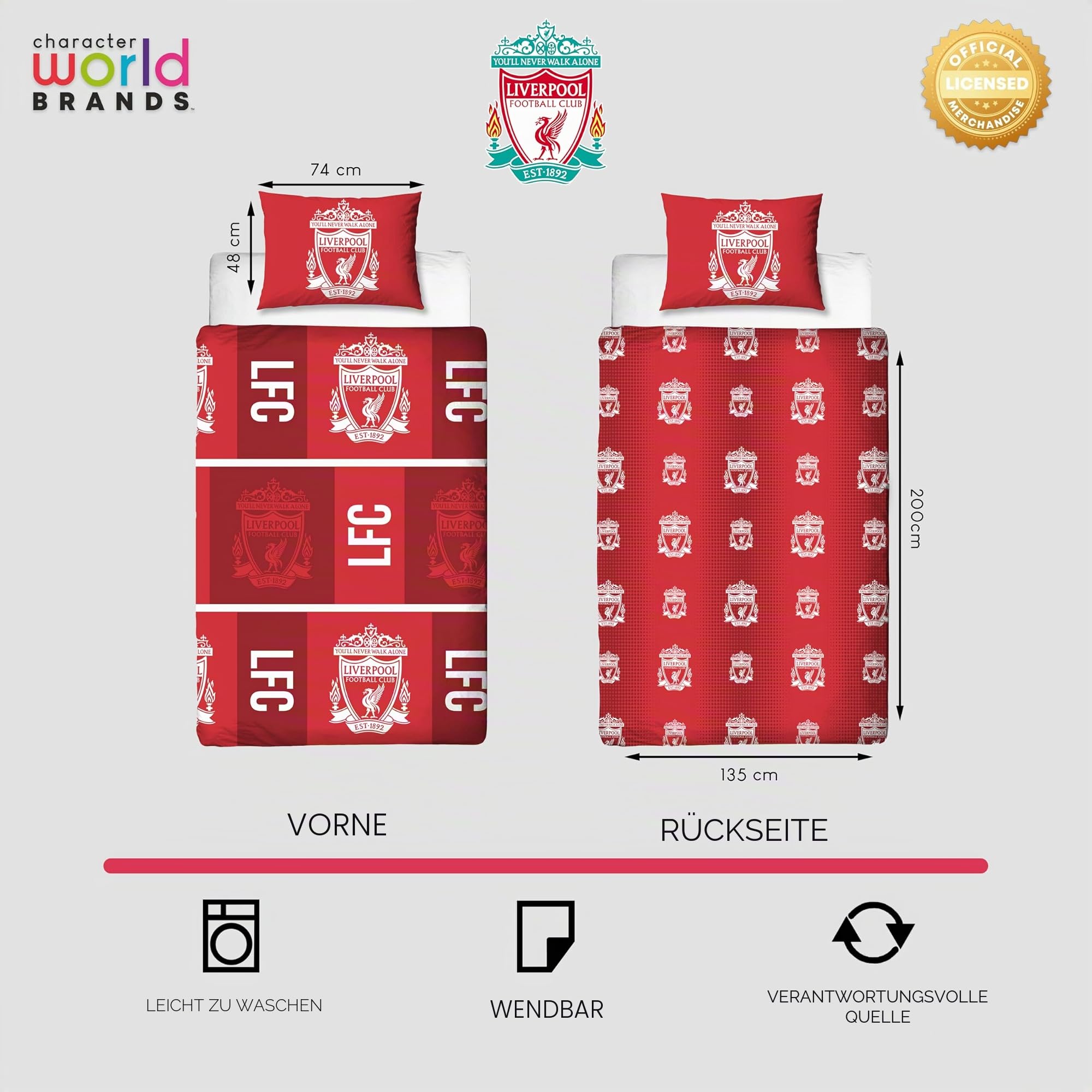 Liverpool FC Offizielles Einzelbettwäsche-Set, Design „Crunch“ | Rotes, beidseitig wendbares Fußball-Bettwäsche-Set mit passendem Kissenbezug | Offizielles Merchandise | Polycotton