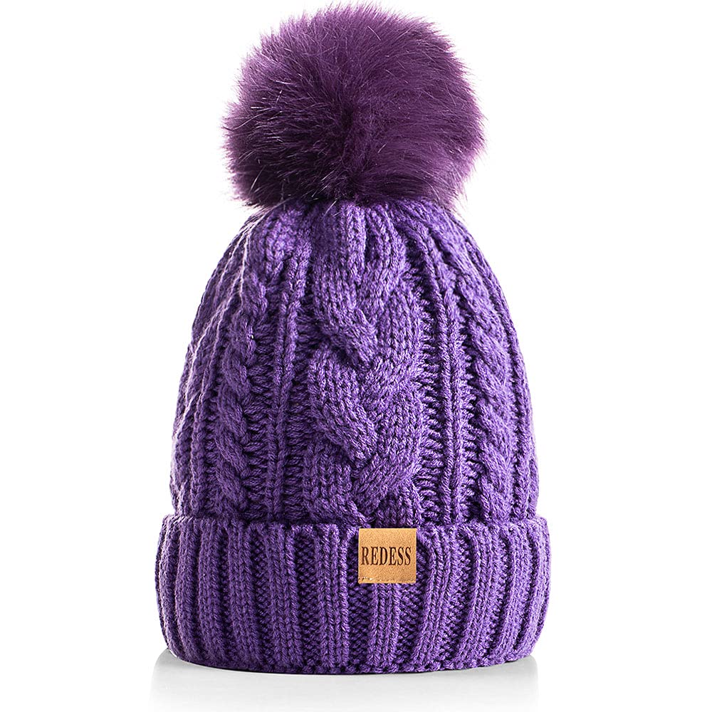Redess Women's Purple Winter Pompom Beanie Hat With Warm Fleece Lined, Thick Slouchy Snow Knit Skull Ski Cap