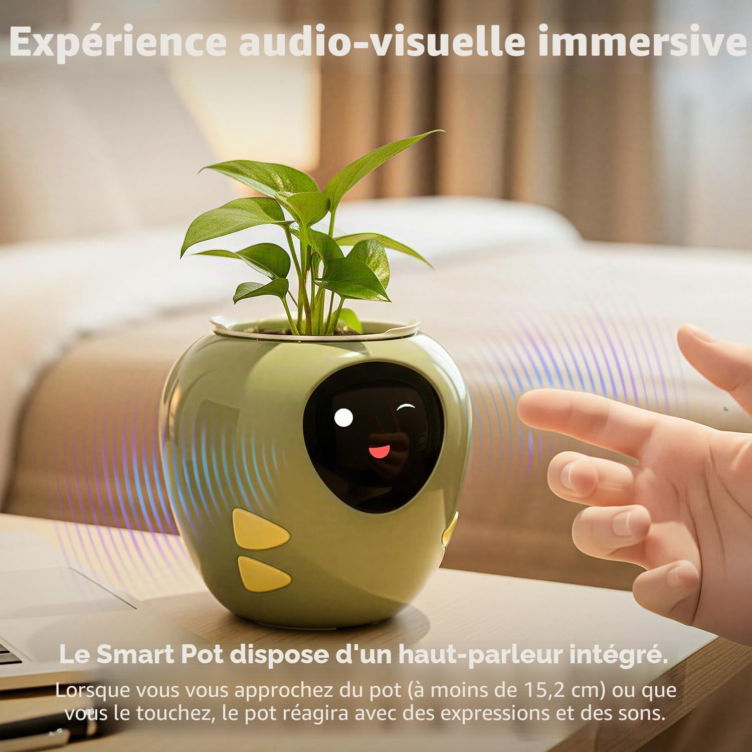 Plantbot Grand pot de fleurs intelligent amélioré pour animaux de compagnie, avec intelligence artificielle, affichage de la température du temps et base d'animations expressives, pour décoration