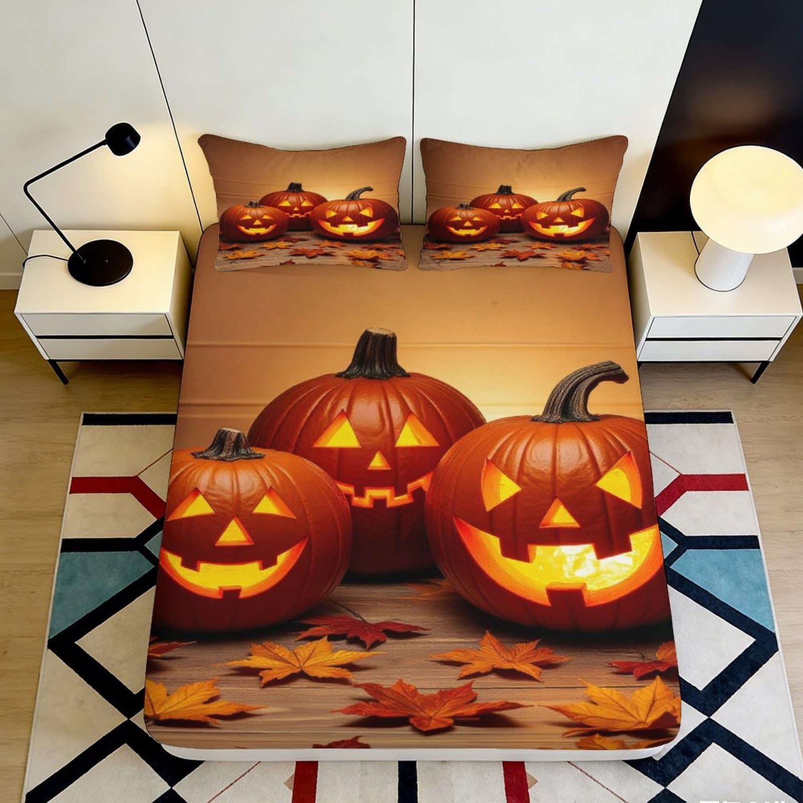 3D Printed Pumpkin Lantern Fitted Sheet Microfiber Autumn Leaves Mattress Cover for Bedroom Dorm Decor 90x200x25cm