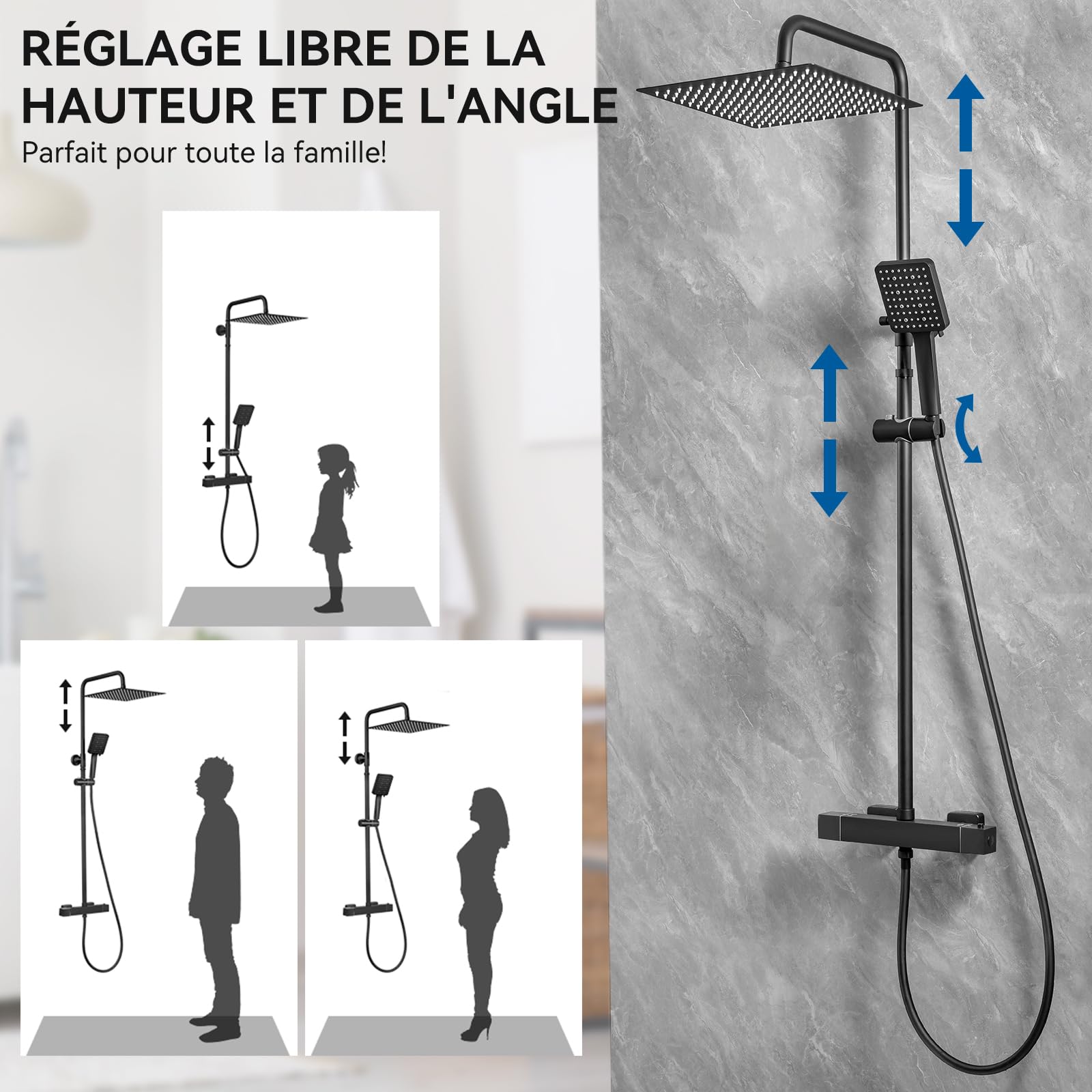 Auralum Colonne de Douche Thermostatique Noir Mat, Ensemble de Douche complet avec Ciel de Pluie 30cm et Douchette 6 Jets, Mitigeur de Salle de Bain Anti-Calcaire, Barre Réglable 88-124cm