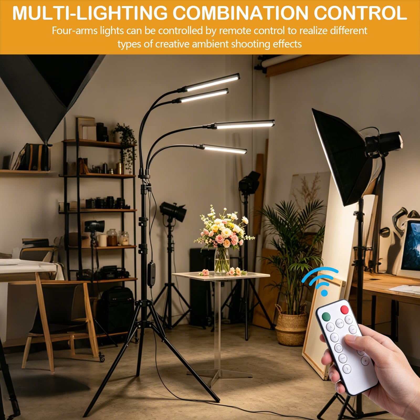 Lampada Video Dimmerabile LED, Quattro Bracci Lampada Estetista con Treppiede e Supporto per Telefono per Luce Truccatore, Lampada per Ciglia, Live Bellezza, Tatuaggio, Riprese Studio