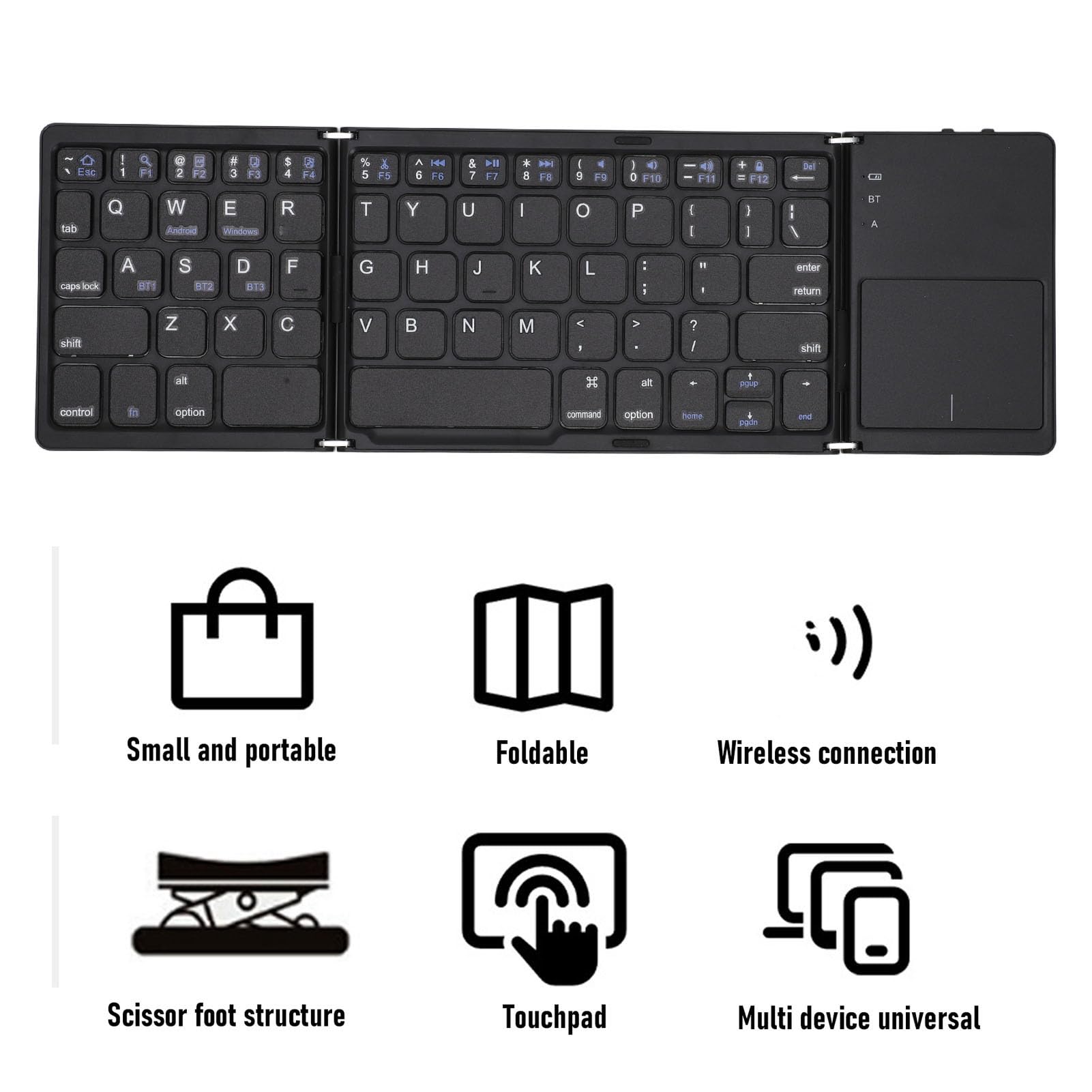 CCYLEZ Tastiera Pieghevole Bluetooth 5.1 con Connessione a 3 Dispositivi, Ampio Touchpad Multi-Touch e Controllo Gestuale per Smartphone, Tablet, Laptop e PC (BLACK)
