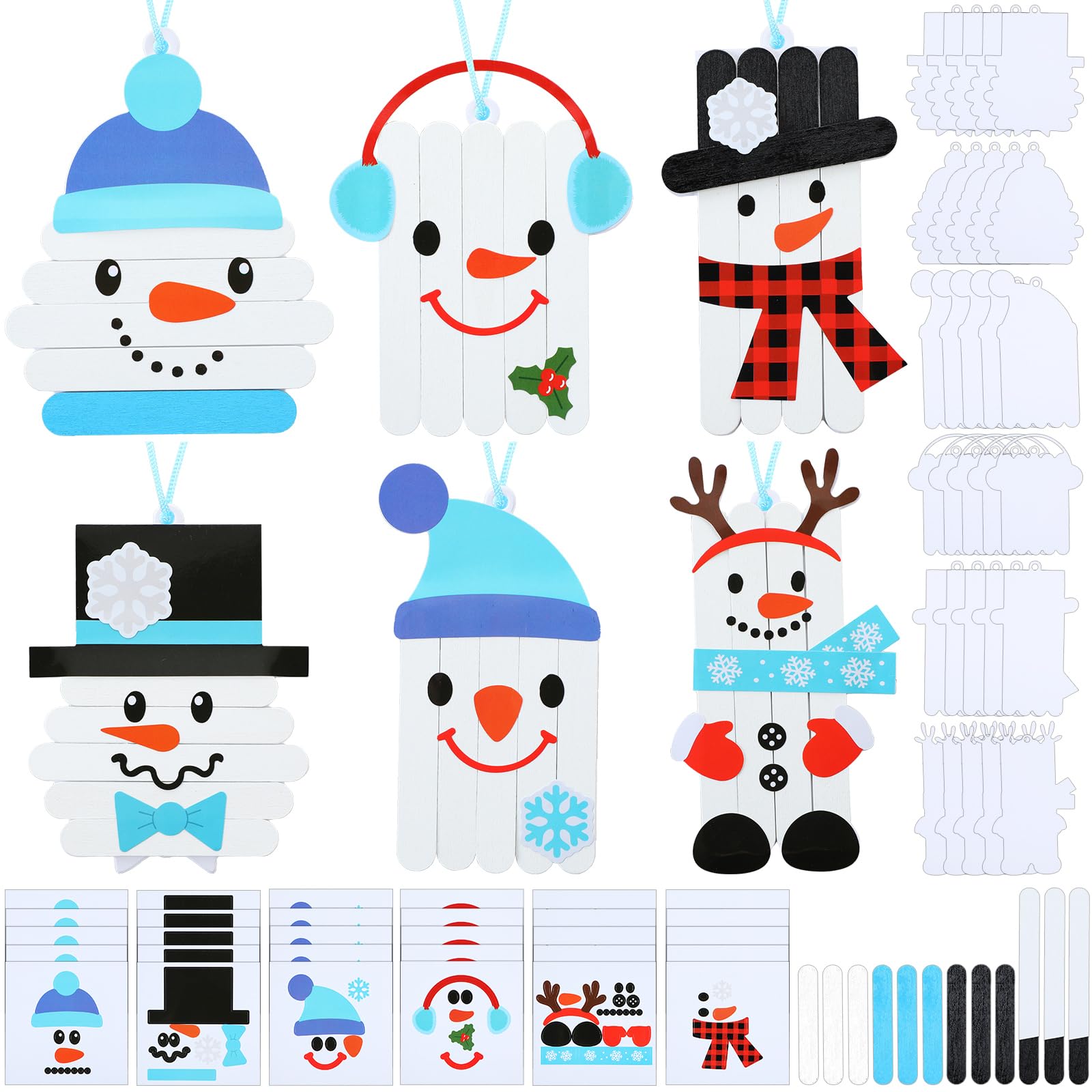 Hollowfly 30 Sets Christmas Snowman Stick Craft Kit DIY Christmas Winter Arts and Craft Snowman Stick Ornaments Bulk Holiday Classroom Activities