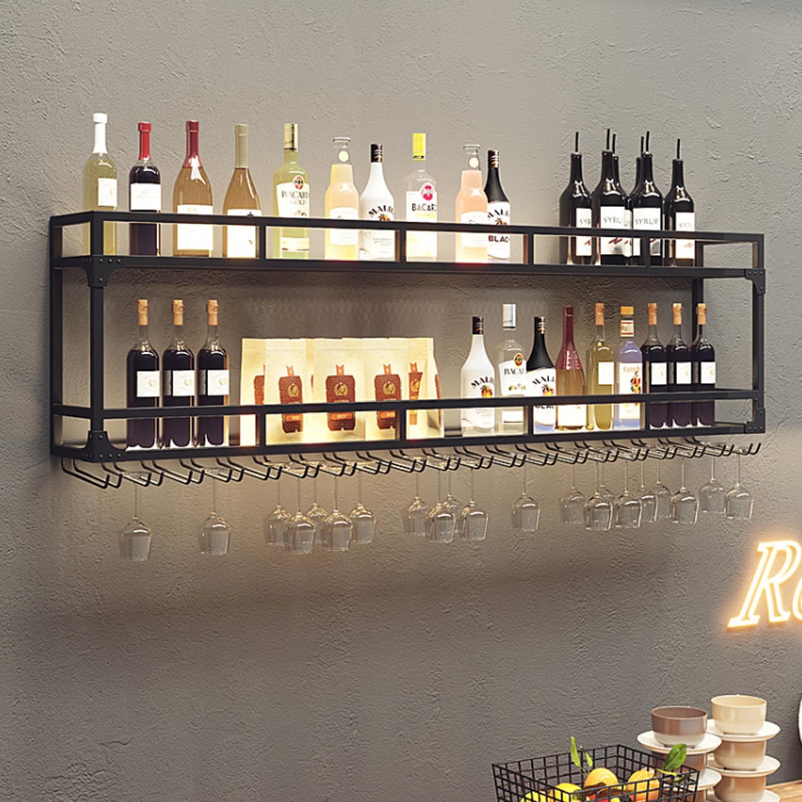 Armario de almacenamiento para bar de 2 niveles con luces y colgador de vasos