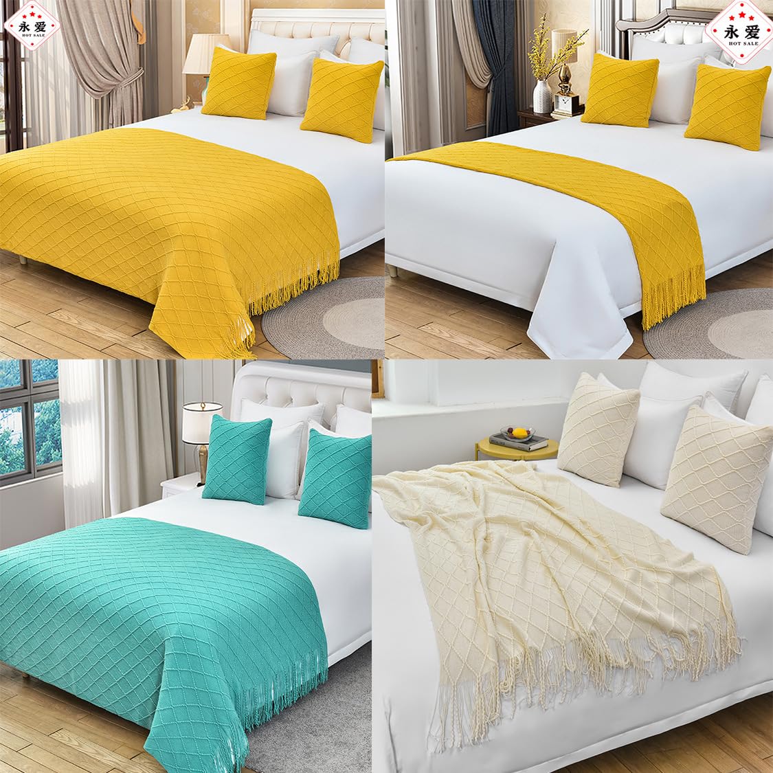 MSTZA 63 x 172/230/260 cm Quaste, warm gewebt, dekorativer gestrickter Bettläufer, weicher Zopfmuster-Bettläufer, Bettschal und Kissen-Set für Schlafzimmer, Hotel