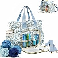 SilTriangle Large Blue Floral Quilted Crochet Knitting Bag - Corduroy Yarn Organizer Tote with Pockets, Grommets & Zipper for Hooks, Needles, Size M Gift