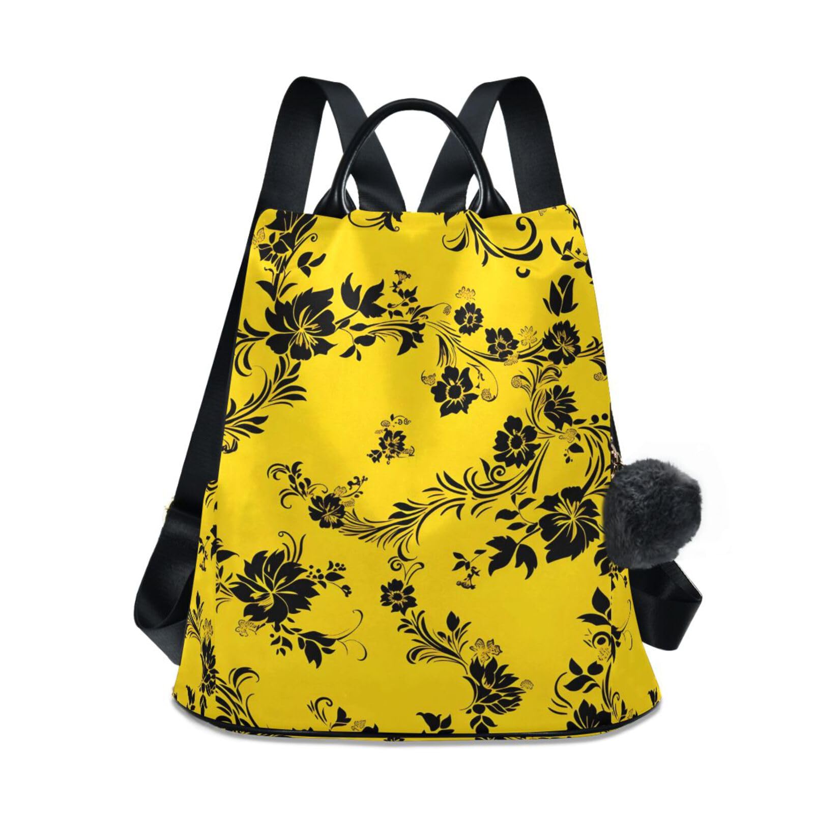 Black Yellow Floral Pattern Backpack for Women Anti Theft Large Fashion Travel Shoulder Bag Purse Rucksack Lightweight