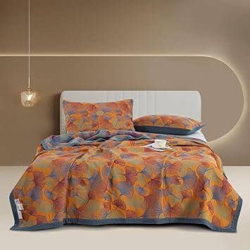 100% Cotton Muslin Blanket Jacquard Orange Floral Ginkgo Leaves Quilt, Soft Bed Cover 3 Layers Lightweight Breathable Gauzy Reversible Bedspread Coverlet King98"x94", No Pillow Sham