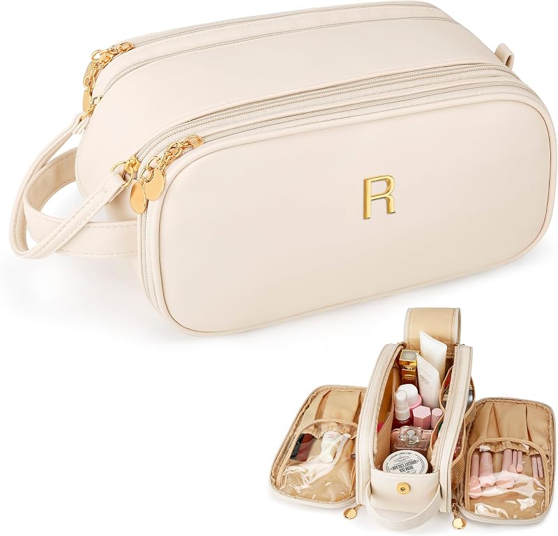 Necessaire de maquiagem CLOUDWINGS Bege R com abertura ampla e divisórias